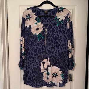 JM Collection Navy Floral Zip-Up Blouse 3/4 length sleeves NWT Retail $54.50